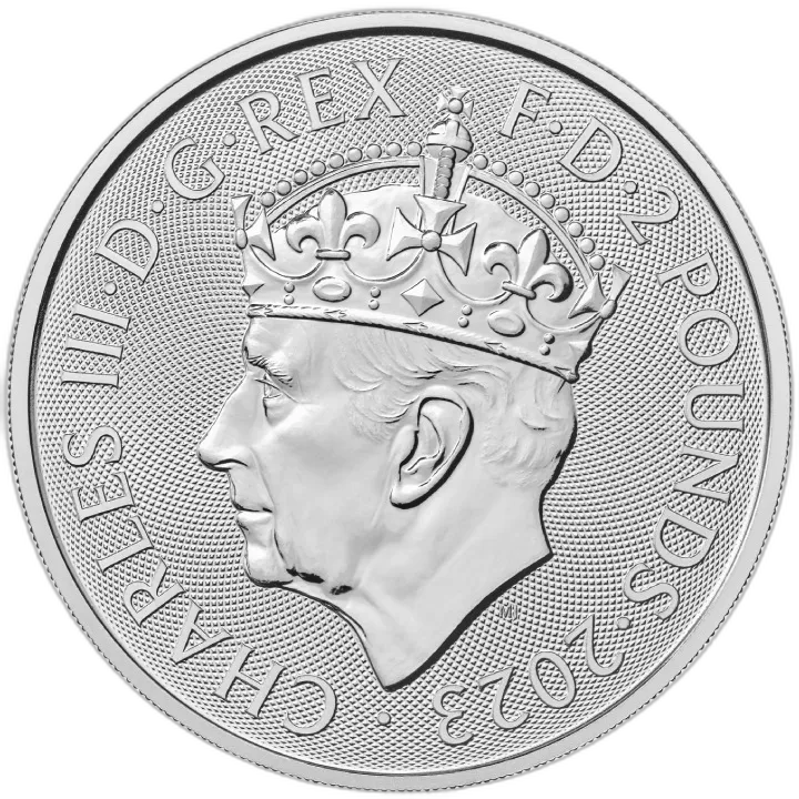 The Royal Mint: Britannia Koronacja Króla Karola 1 uncja srebra 2023 (milk spot) - obrazek 2