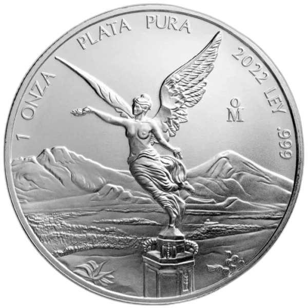 Srebrna moneta Mexican Libertad 1 oz 2022 – Skrzydlata Wiktoria na tle wulkanów