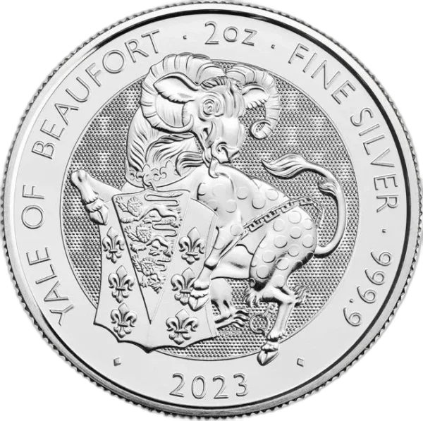 The-Royal-Tudor-Beasts-Yale-of-Beaufort-2-uncje-Srebra-2022-rewers Srebrna Moneta Tudor Beasts Yale Beaufortów 2 oz Wielka Brytania 2023 | Ag 9999