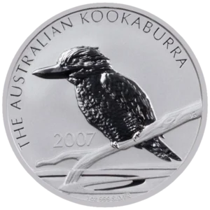 Srebrna Moneta Kookaburra 1oz Australia 2007 | Ag 999-rewers Srebrna moneta Kookaburra 1 oz 2007 Perth Mint – kookabura na gałęzi opadającej do wody