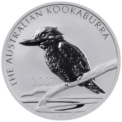 Srebrna moneta Kookaburra 1 oz 2007 Perth Mint – kookabura na gałęzi opadającej do wody