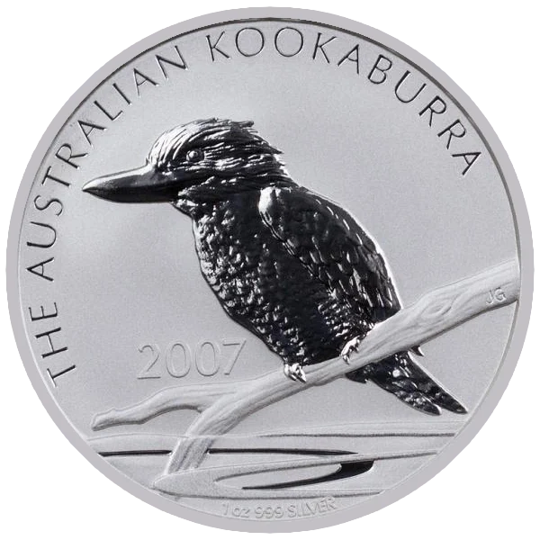 Srebrna Moneta Kookaburra 1oz Australia 2007 | Ag 999-rewers Srebrna moneta Kookaburra 1 oz 2007 Perth Mint – kookabura na gałęzi opadającej do wody