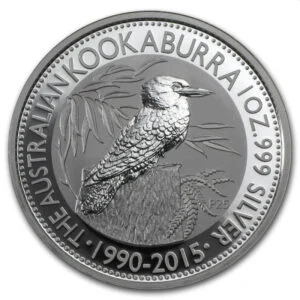 Srebrna moneta Australijska Kookaburra 1 uncja 2015 Perth Mint – kookaburra na pniu, data 1990–2015