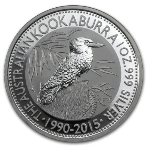 Srebrna moneta Australijska Kookaburra 1 uncja 2015 Perth Mint – kookaburra na pniu, data 1990–2015