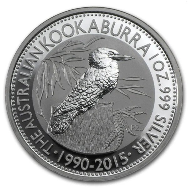 Srebrna moneta Australijska Kookaburra 1 uncja 2015 Perth Mint – kookaburra na pniu, data 1990–2015