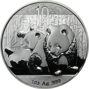 Srebrna moneta Chińska Panda 1 oz 2010 – dwie pandy na tle bambusów