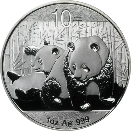 Srebrna moneta Chińska Panda 1 oz 2010 – dwie pandy na tle bambusów