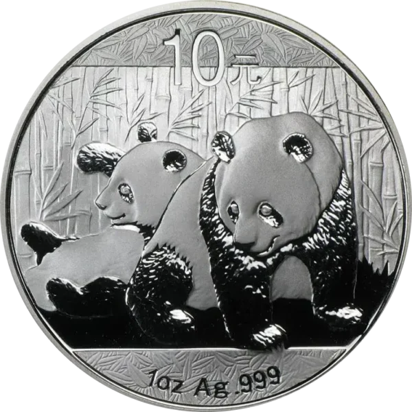 Srebrna moneta Chińska Panda 1 oz 2010 – dwie pandy na tle bambusów