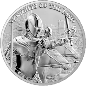Srebrna moneta rycerze Malty Knights of the Past 1oz Germania Mint 2021 Ag 9999 — Pałac Verdala 5 Euro Malta BU nakład 15000 szt COA blister 38,61 mm kolekcjonerska