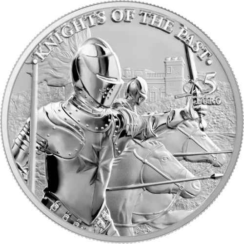 knights_of_the_past_1oz_srebra_2021_rewers Srebrna moneta rycerze Malty Knights of the Past 1oz Germania Mint 2021 Ag 9999 — Pałac Verdala 5 Euro Malta BU nakład 15000 szt COA blister 38,61 mm kolekcjonerska