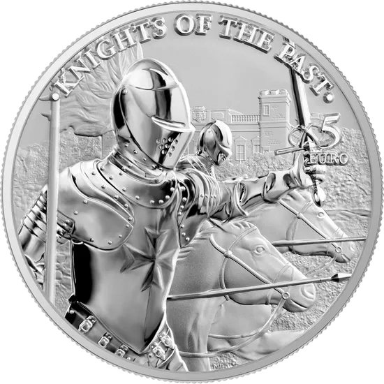 Srebrna moneta rycerze Malty Knights of the Past 1oz Germania Mint 2021 Ag 9999 — Pałac Verdala 5 Euro Malta BU nakład 15000 szt COA blister 38,61 mm kolekcjonerska