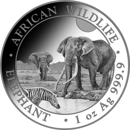 Somalia-African-Wildlife-Elephant-1-uncja-Srebra-2026-front-modified-w Słoń Somalijski 1 oz 2026 – Moneta Srebrna 9999 (1 uncja)