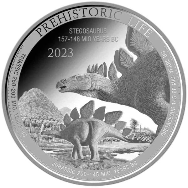 prehistoric-life-stegosaurus-1-oz-2023-rewers Congo: Prehistoric Life Stegosaurus 1 uncja srebra 2023