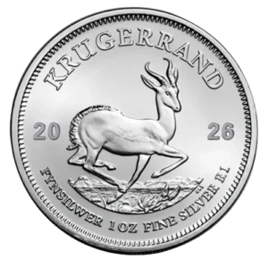 Srebrna moneta Krugerrand RPA 1oz 2026 Ag 999 — South African Mint Springbok antylopa Paul Kruger rewers awers bulion inwestycyjny 31,11 g Ø 38,70 mm
