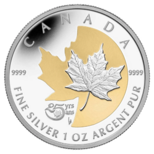Srebrna moneta Maple Leaf 25. rocznica Shadowleaf Proof 1oz Kanada 2013 Ag 9999 — złocenie selektywne Jean-Louis Sirois Arnold Machin Royal Canadian Mint