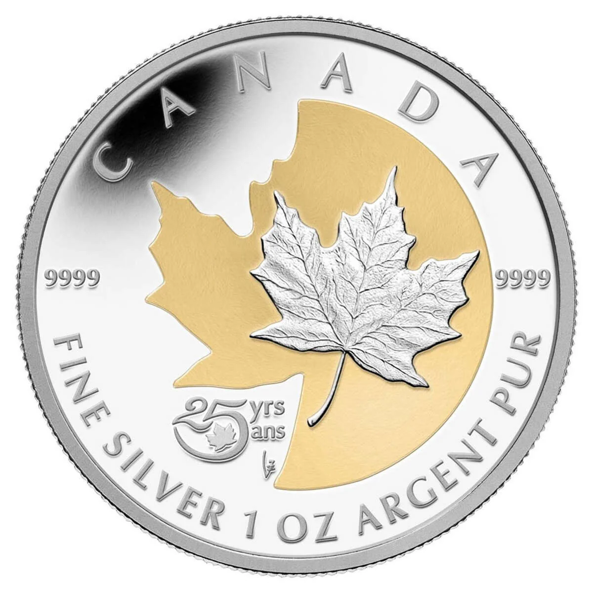 Srebrna moneta Maple Leaf 25. rocznica Shadowleaf Proof 1oz Kanada 2013 Ag 9999 — złocenie selektywne Jean-Louis Sirois Arnold Machin Royal Canadian Mint