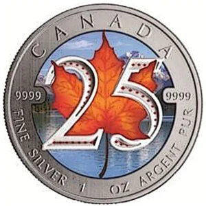 Srebrna moneta Maple Leaf 25th Anniversary Kolor 1 oz 2013 – rewers: kolorowy jesienni liść klonowy w pomarańczu i czerwieni, błękitne tło, srebrna cyfra 25, Ag 9999