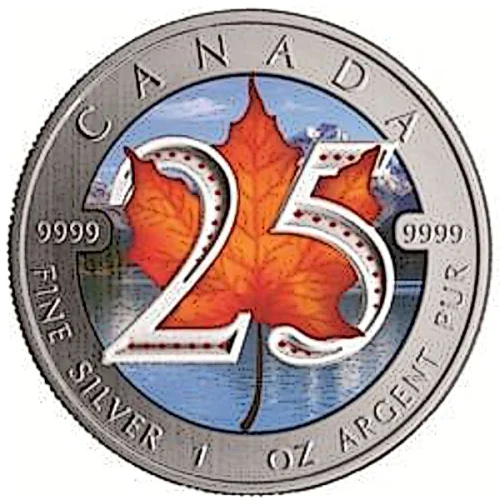 Srebrna Moneta Liść Klonowy 25th Anniversary Kolor 1oz Kanada 2013 | Ag 9999 Srebrna moneta Maple Leaf 25th Anniversary Kolor 1 oz 2013 – rewers: kolorowy jesienni liść klonowy w pomarańczu i czerwieni, błękitne tło, srebrna cyfra 25, Ag 9999