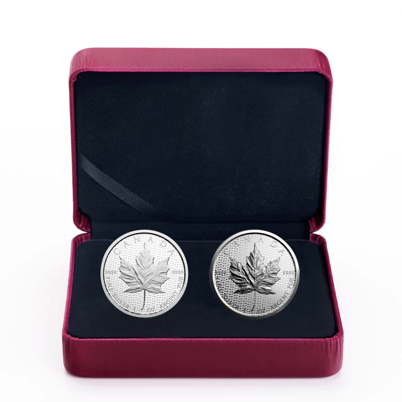Srebrna moneta Maple Leaf 30. rocznica 2018 zestaw 2 monet 1oz Ag 9999 — Modified Proof i Reverse Proof holograficzny wzór Royal Canadian Mint