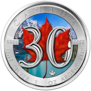 Srebrna moneta Maple Leaf 30th Anniversary Kolor 1 oz Kanada 2018 Ag 9999 – rewers: srebrna cyfra 30, czerwony liść klonowy, błękitne jezioro górskie