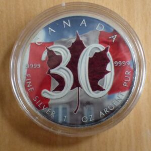 Srebrna moneta Liść Klonowy 30th Anniversary Kolor 1oz Kanada 2018 Ag 9999 — cyfra 30 flaga Kanady kolorowanie prywatne RCM 1988~2018 nominał 5 CAD