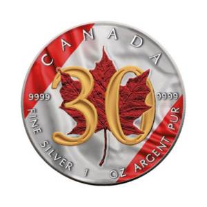 Srebrna moneta złocona Kanada Liść Klonowy 30th Anniversary 1oz 2018 Ag 9999 — czerwony liść klonowy złota cyfra 30 flaga Kanady kolorowanie złocenie prywatne RCM 1988~2018