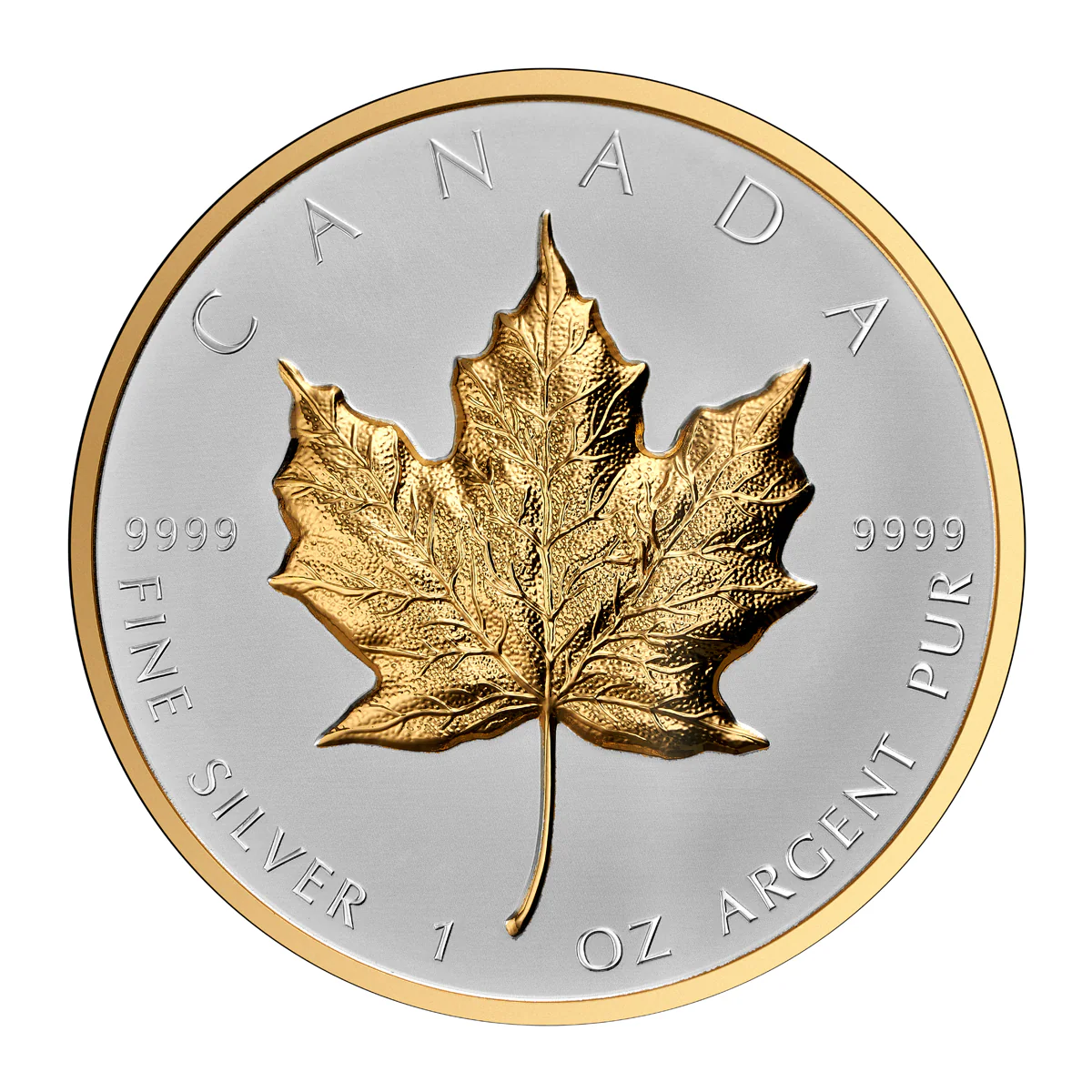 Srebrna moneta Maple Leaf Gold Ultra High Relief 1oz Kanada 2023 Ag 9999 — złocenie 24K rewers Reverse Proof