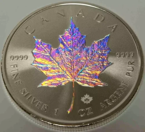 Srebrna moneta Liść Klonowy hologram tęczowy 1oz Kanada 2020 Ag 9999 wielobarwny efekt optyczny