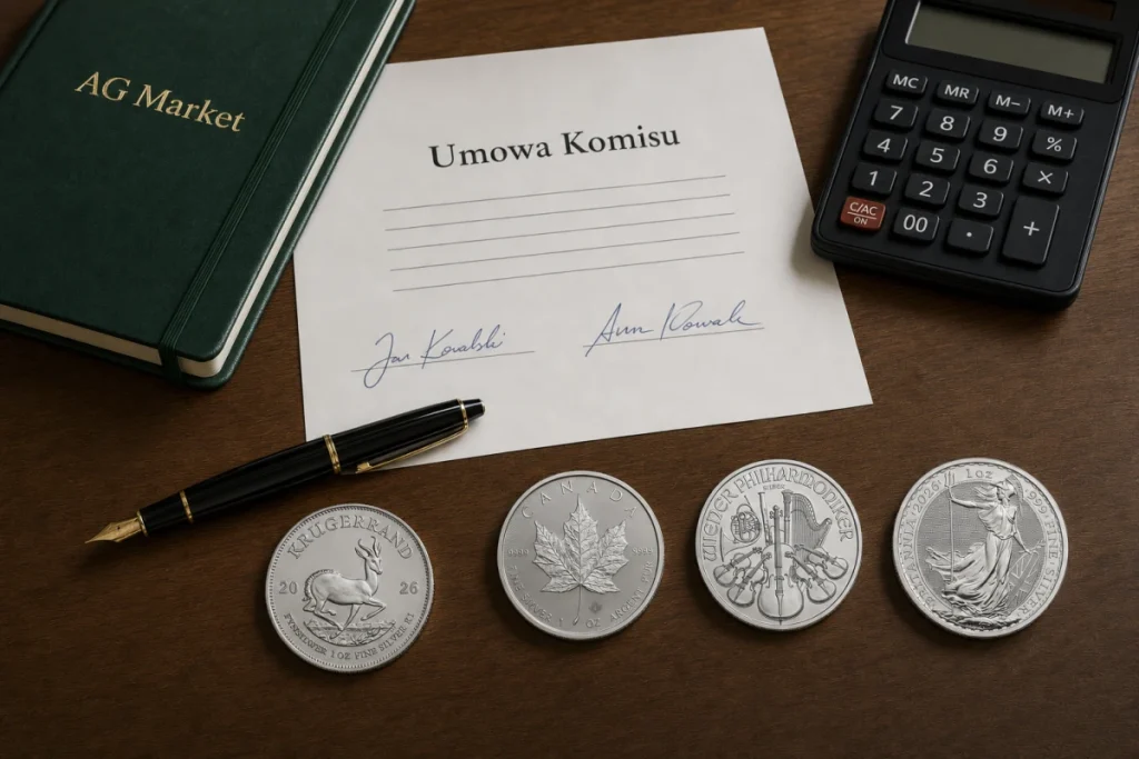Umowa komisu AG Market z kalkulatorem, piórem i czterema srebrnymi monetami bulionowymi