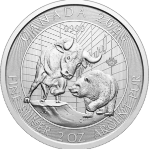 Srebrna moneta Byk i Niedźwiedź 2025 2 uncje Royal Canadian Mint – byk i niedźwiedź na tle wykresu