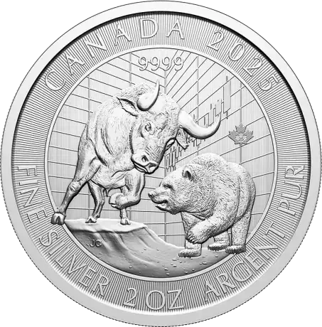 Srebrna moneta Byk i Niedźwiedź 2025 2 uncje Royal Canadian Mint – byk i niedźwiedź na tle wykresu