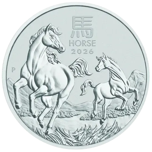 Srebrna moneta Lunar III Rok Konia 1/2 oz 2026 Perth Mint – klacz i źrebię na tle gór