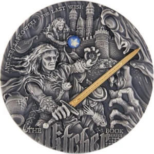 Srebrna Moneta Wiedźmin Ostatnie Życzenie 2 oz Niue 2019 Ag 999-rewers Srebrna moneta Ostatnie Życzenie 2 oz 2019 Mennica Gdańska – Geralt, Yennefer i Jaskier na rewersie