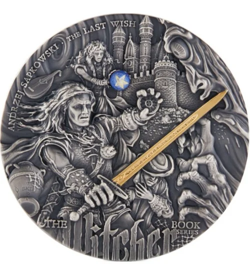 Srebrna Moneta Wiedźmin Ostatnie Życzenie 2 oz Niue 2019 Ag 999-rewers Srebrna moneta Ostatnie Życzenie 2 oz 2019 Mennica Gdańska – Geralt, Yennefer i Jaskier na rewersie