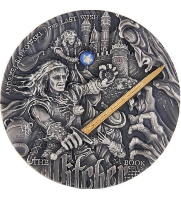 Srebrna Moneta Wiedźmin Ostatnie Życzenie 2 oz Niue 2019 Ag 999-rewers Srebrna moneta Ostatnie Życzenie 2 oz 2019 Mennica Gdańska – Geralt, Yennefer i Jaskier na rewersie