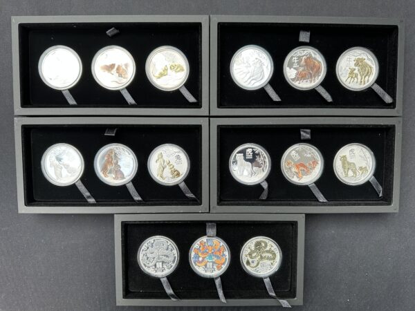 IMG_0816 Pięć zestawów monet LUNAR III Proof 3x1 uncja srebra 2020-2024