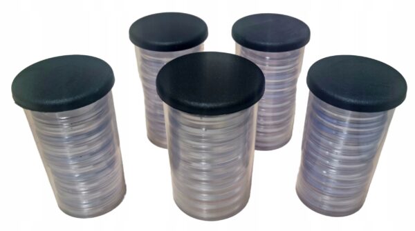 Kapsle-do-monet-FI-39-mm-8-szt-w-tubie-z-czarnymi-zakrywkami Tubka+8szt Kapsli na monety 39 mm
