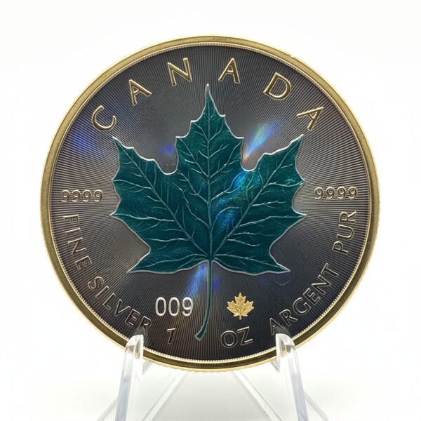 Srebrna moneta Kanadyjski Liść Klonowy Ruten Hologram i złocenie 1 oz Kanada 2020 | Ag 9999