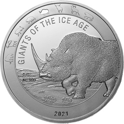 Srebrna moneta Nosorożec Włochaty Giants of the Ice Age 1oz Ghana 2021 Ag 9999 seria lodowcowa
