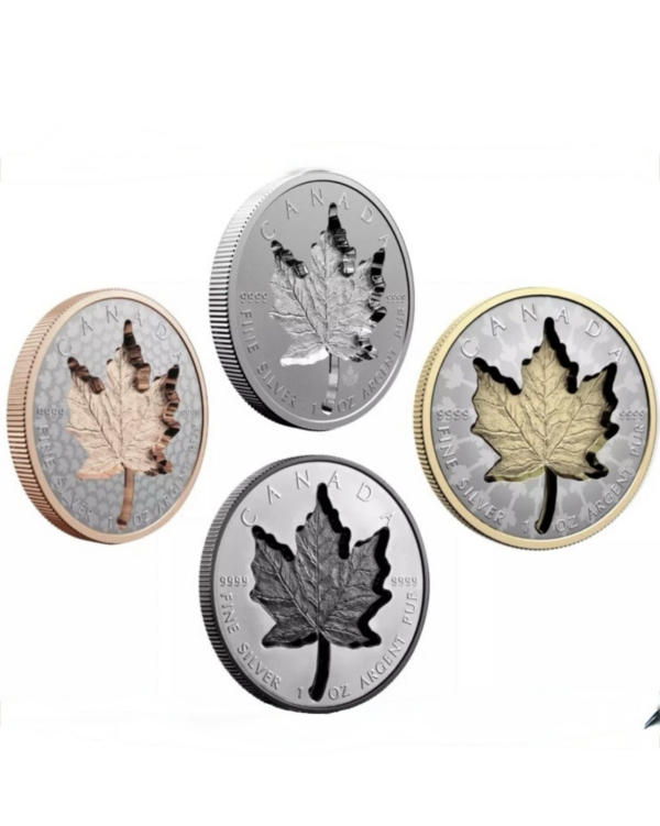 Srebrna moneta Super Incuse Maple Leaf 1oz Kanada zestaw 4 monet 2021–2024 Ag 9999 — różowe złoto czarne rodium żółte złoto Reverse Proof