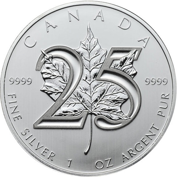 Srebrna moneta Maple Leaf 25 rocznica emisji jubileuszowej 1oz Kanada 2013 Ag 9999 — rewers cyfra 25 liść klonowy Susanna Blunt Royal Canadian Mint 5 CAD