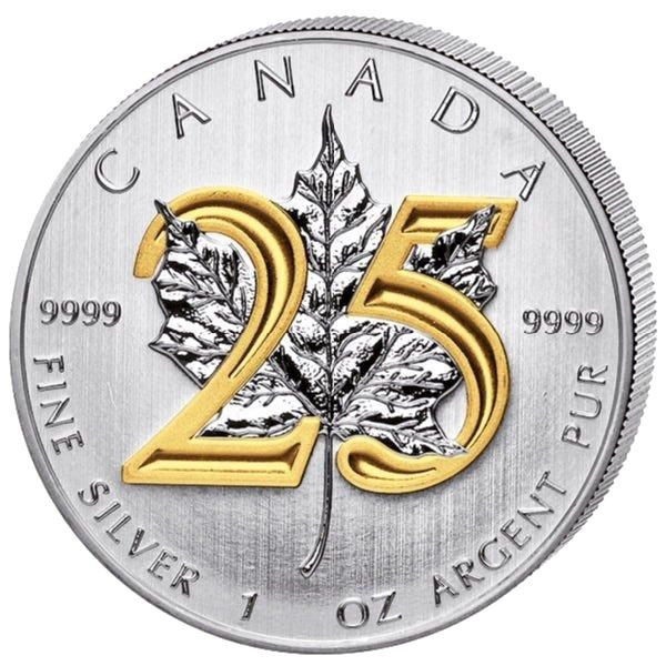 Srebrna moneta Maple Leaf 25th Anniversary Złocenie 1 oz 2013 – rewers ze złoconym liściem klonowym, Ag 9999