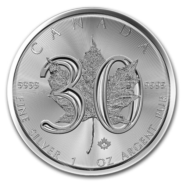 Srebrna Moneta Liść Klonowy 30th Anniversary 1oz Kanada 2018 | Ag 9999 Srebrna moneta Maple Leaf 30th Anniversary 1 oz Kanada 2018 Ag 9999 – rewers: ikoniczny liść klonowy, linie radialne
