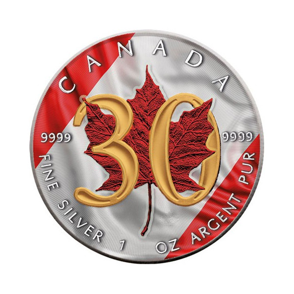 Srebrna moneta złocona Kanada Liść Klonowy 30th Anniversary 1oz 2018 Ag 9999 — czerwony liść klonowy złota cyfra 30 flaga Kanady kolorowanie złocenie prywatne RCM 1988~2018