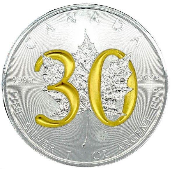 Srebrna moneta złocenie Kanada Liść Klonowy 30th Anniversary typ 1 1oz 2018 Ag 9999 — selektywne złocenie cyfra 30 liść klonowy RCM 1988~2018 nakład 300 szt COA pudełko