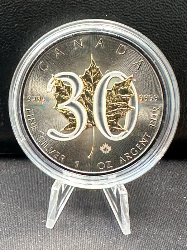 Srebrna moneta ruten złocona Maple Leaf 30th Anniversary 2018 Ag 9999 — czarne ruthenium złocony liść klonowy cyfra 30 rodowana GBE COA czarne pudełko kolekcjonerskie 1988~2018