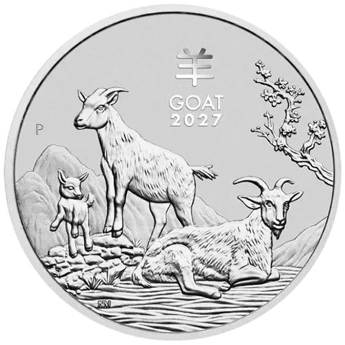Lunar III Rok Kozy 2oz Australia 2027 Ag 9999-rewers Srebrna moneta Lunar III Rok Kozy 2 oz 2027 Perth Mint – trzy kozy pod kwitnącą śliwą